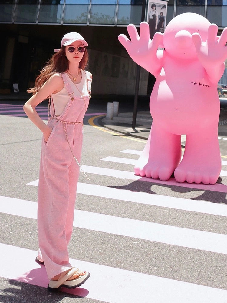 Earth Store Pink Xiaoxiang Tweed Overalls for Age-Reducing Women Summer New Loose Straight Casual Jumpsuits