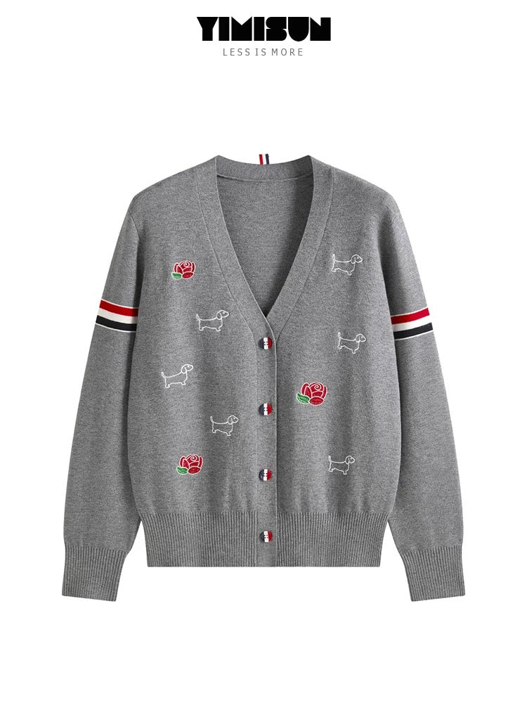 YIMISUN College Style Puppy Rose Embroidery Age Reducing V-Neck Double Sleeve Loose Knitted Cardigan Women's Jacket Top