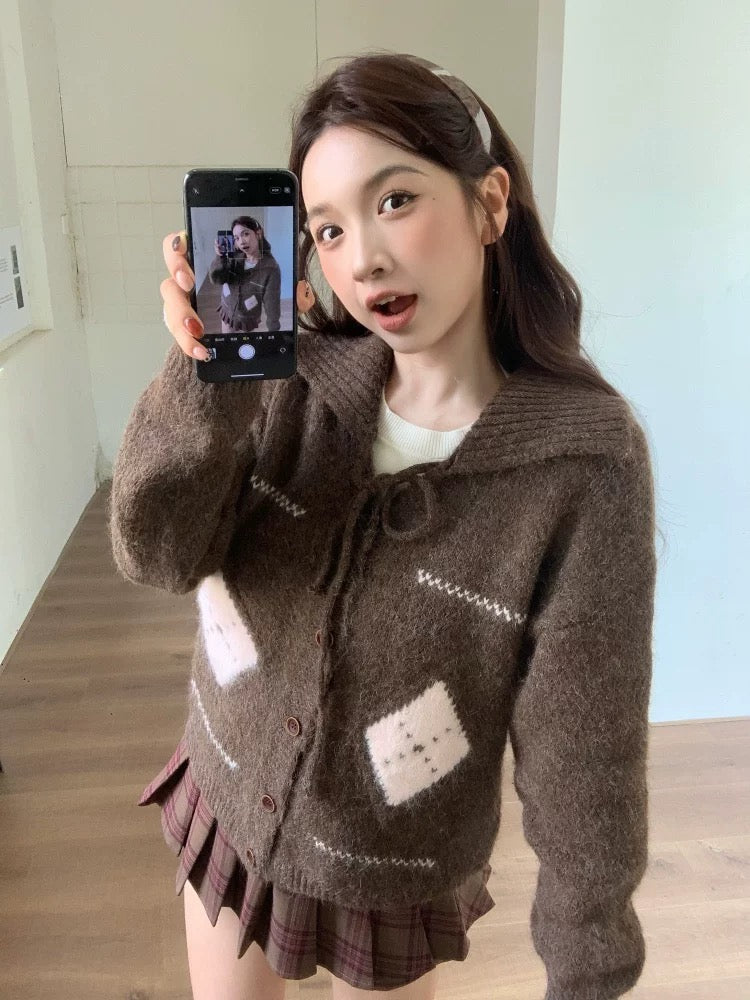 Kumikumi retro POLO collar tie sweater cardigan jacket women's autumn niche loose slim casual tops