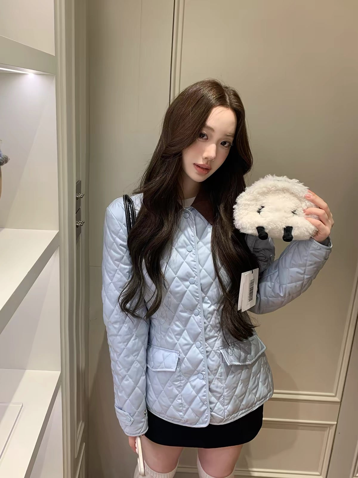 [LaluneDuCiel] Quilted Dream: A soft, pearlescent, casual, waist-cinching, color-block collared cotton-padded jacket for women.