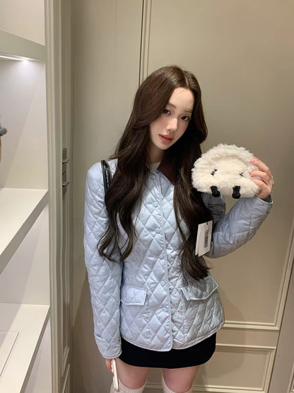 [LaluneDuCiel] Quilted Dream: A soft, pearlescent, casual, waist-cinching, color-block collared cotton-padded jacket for women.