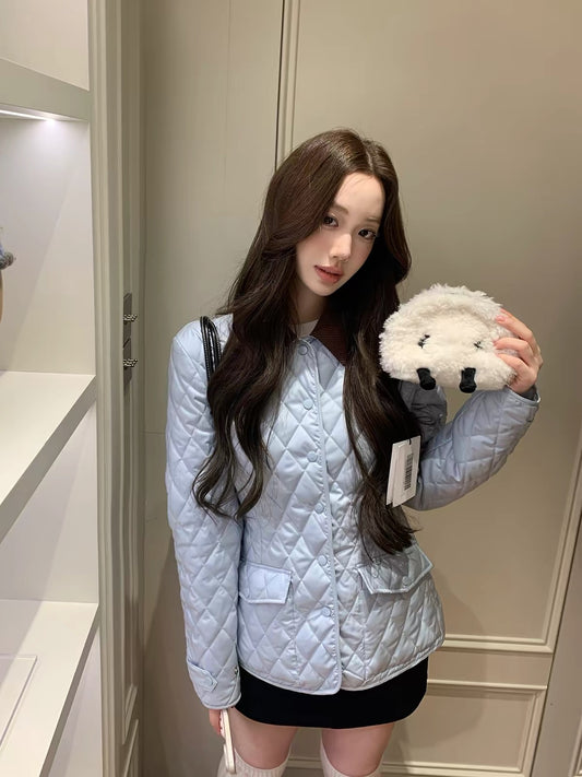 [LaluneDuCiel] Quilted Dream: A soft, pearlescent, casual, waist-cinching, color-block collared cotton-padded jacket for women.