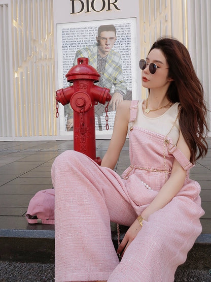 Earth Store Pink Xiaoxiang Tweed Overalls for Age-Reducing Women Summer New Loose Straight Casual Jumpsuits
