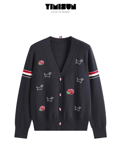 YIMISUN College Style Puppy Rose Embroidery Age Reducing V-Neck Double Sleeve Loose Knitted Cardigan Women's Jacket Top