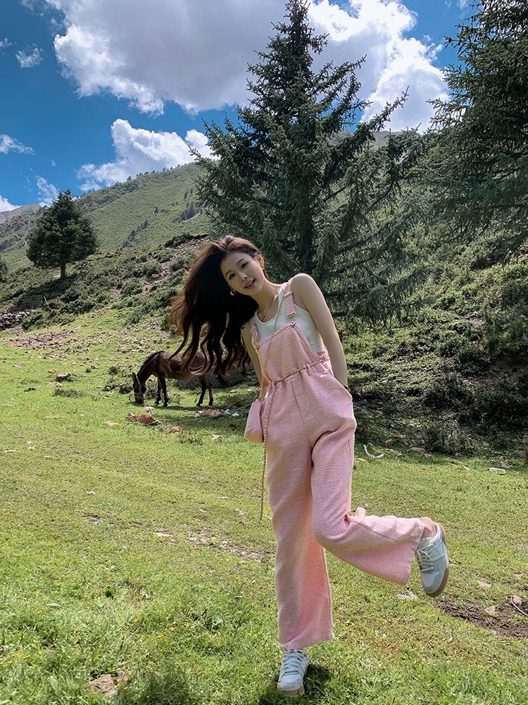Earth Store Pink Xiaoxiang Tweed Overalls for Age-Reducing Women Summer New Loose Straight Casual Jumpsuits