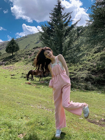 Earth Store Pink Xiaoxiang Tweed Overalls for Age-Reducing Women Summer New Loose Straight Casual Jumpsuits