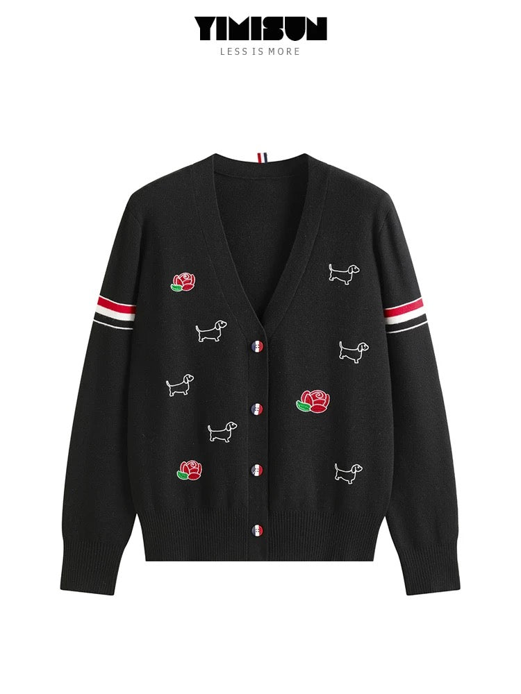 YIMISUN College Style Puppy Rose Embroidery Age Reducing V-Neck Double Sleeve Loose Knitted Cardigan Women's Jacket Top