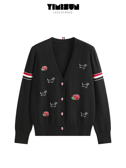 YIMISUN College Style Puppy Rose Embroidery Age Reducing V-Neck Double Sleeve Loose Knitted Cardigan Women's Jacket Top