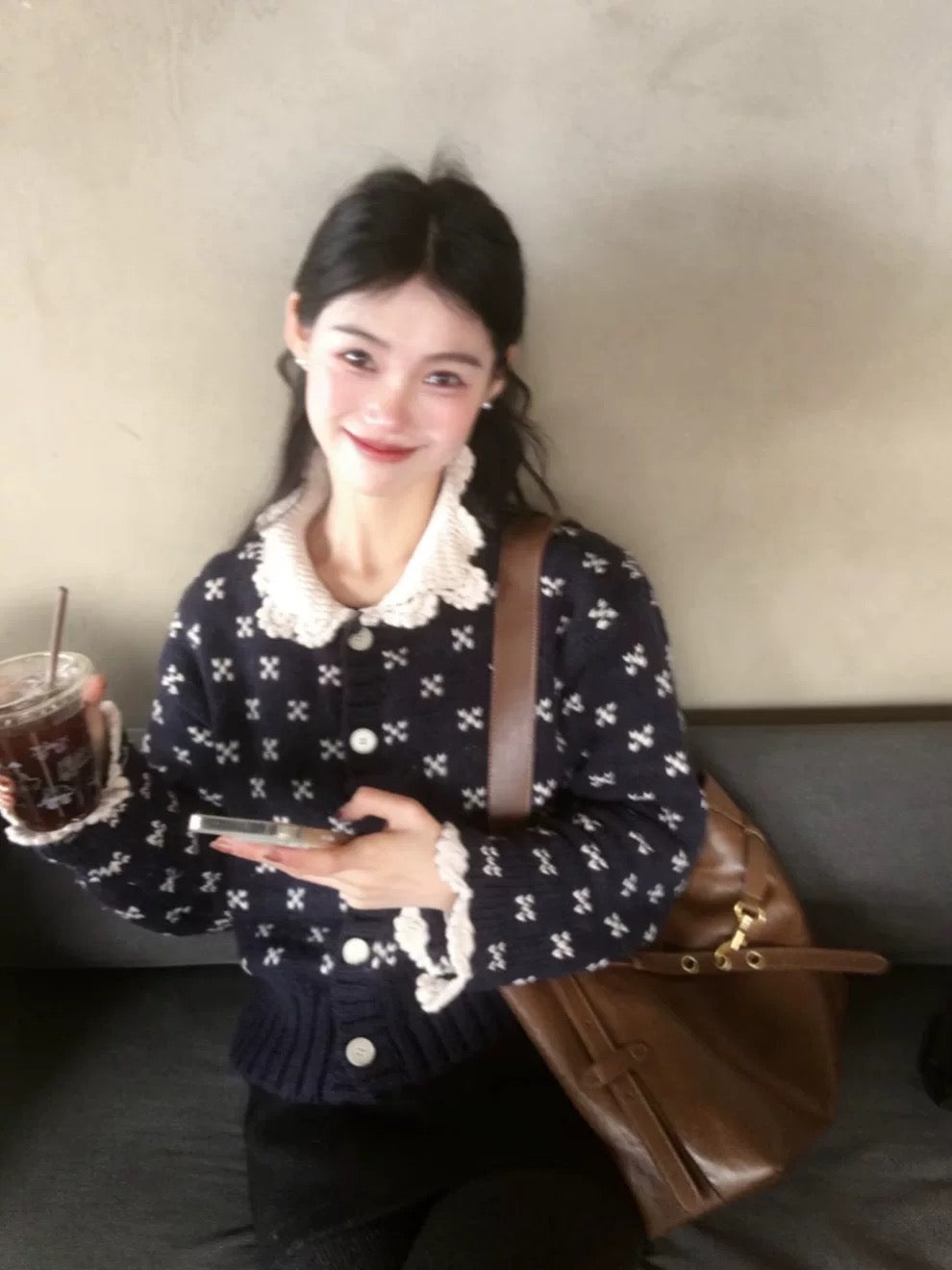 Kumikumi retro casual lapel crochet sweater jacket women's autumn age-reducing slim all-match new tops