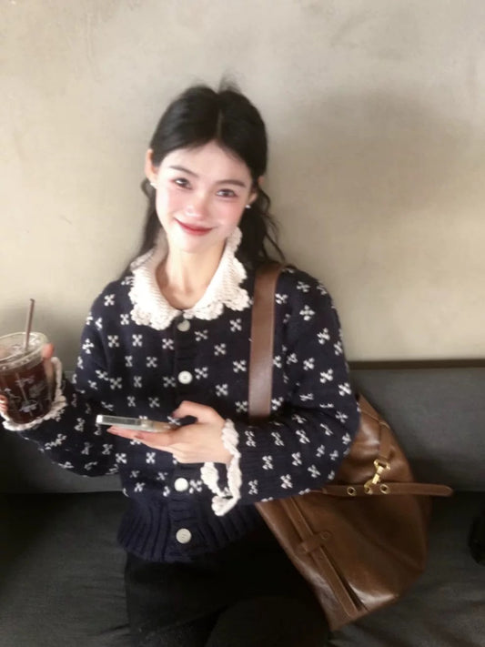 Kumikumi retro casual lapel crochet sweater jacket women's autumn age-reducing slim all-match new tops