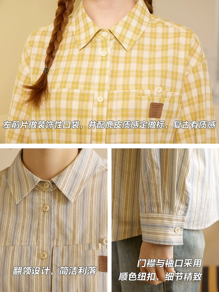 Nap Homemade Striped Plaid Long Sleeve Shirt Women's Spring and Autumn Loose Design Casual American Retro Top