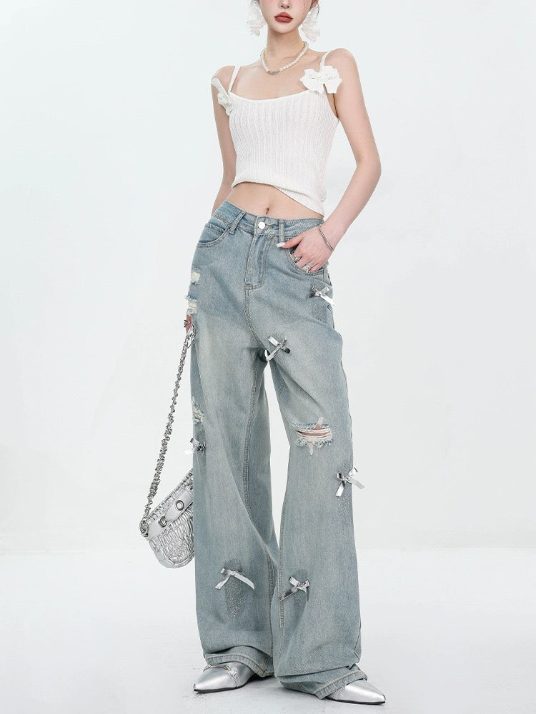 ABWEAR new summer bow design retro color ripped straight jeans for women, thin, slimming and wide legs
