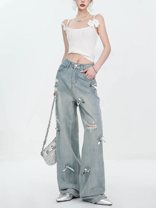 ABWEAR new summer bow design retro color ripped straight jeans for women, thin, slimming and wide legs