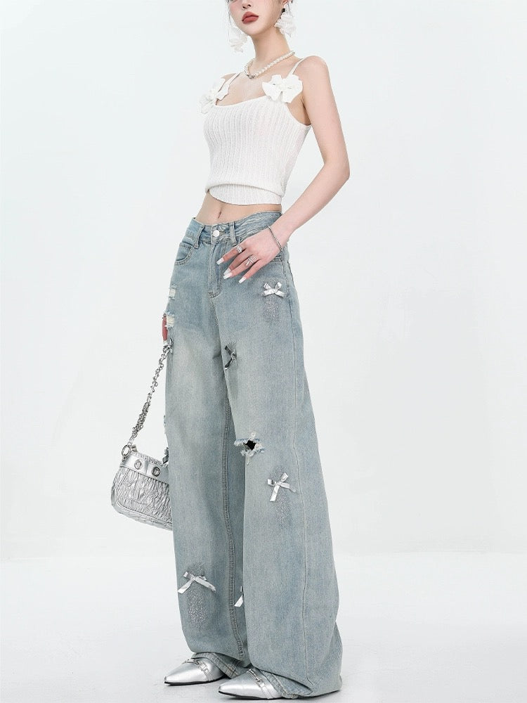 ABWEAR new summer bow design retro color ripped straight jeans for women, thin, slimming and wide legs