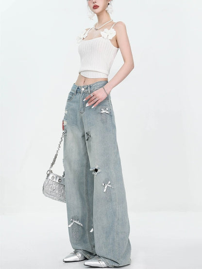 ABWEAR new summer bow design retro color ripped straight jeans for women, thin, slimming and wide legs