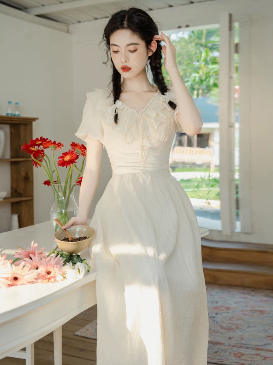 Tea break French first love long dress summer 2024 new style small fresh and sweet fairy temperament chiffon dress for small people