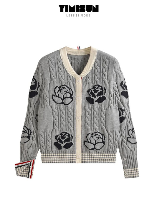 YIMISUN design heavy rose intarsia twisted round neck knitted cardigan women's age-reducing slim fit jacket
