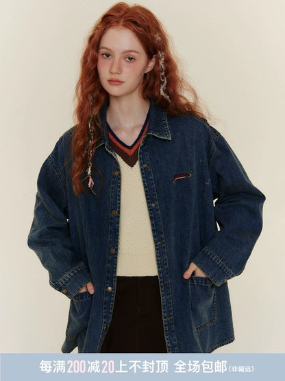 TAKEANAP Nap Retro Loose Denim Jacket Women 2024 New American Embroidered Long Sleeve Shirt Top