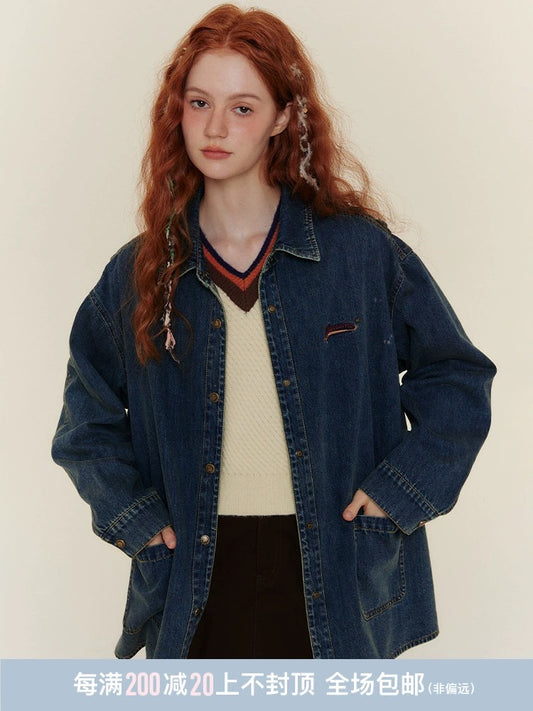 TAKEANAP Nap Retro Loose Denim Jacket Women 2024 New American Embroidered Long Sleeve Shirt Top