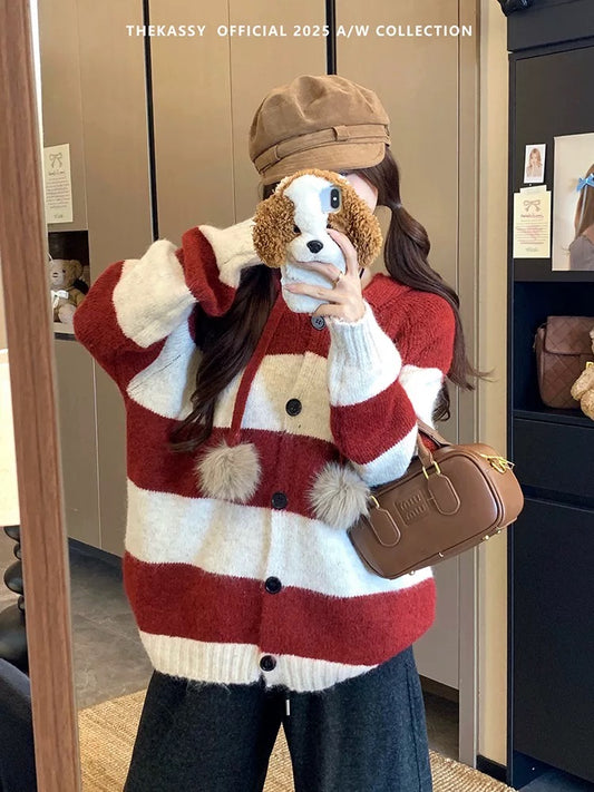 Kumikumi lazy style temperament striped hooded sweater jacket women's autumn loose slim niche all-match top