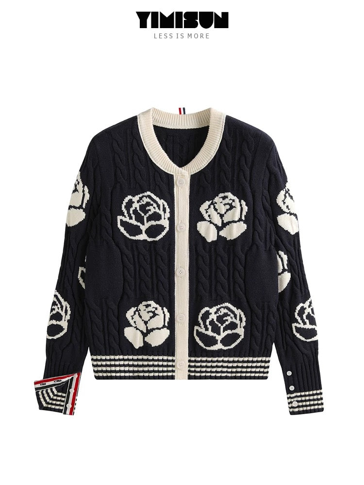YIMISUN design heavy rose intarsia twisted round neck knitted cardigan women's age-reducing slim fit jacket