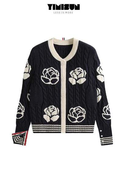 YIMISUN design heavy rose intarsia twisted round neck knitted cardigan women's age-reducing slim fit jacket