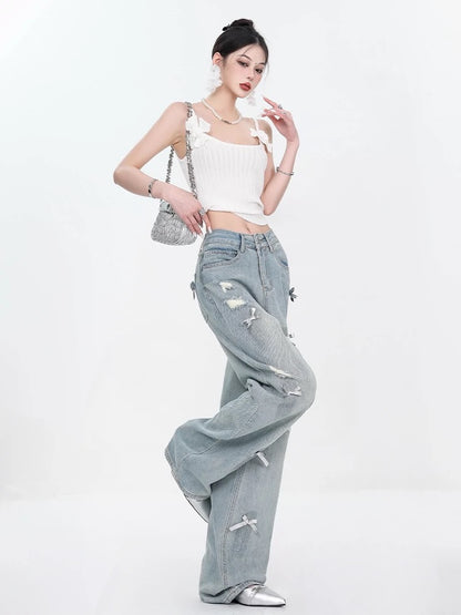 ABWEAR new summer bow design retro color ripped straight jeans for women, thin, slimming and wide legs
