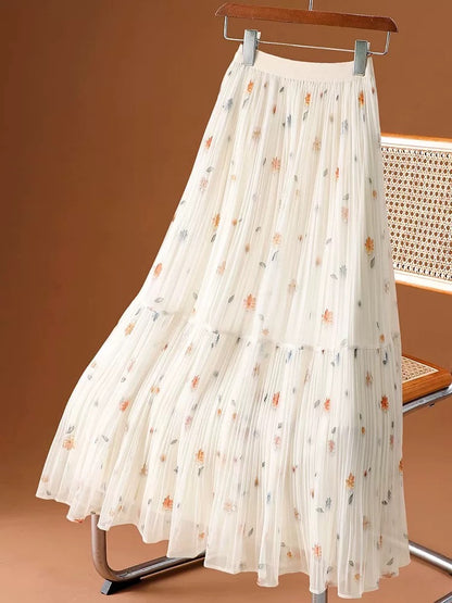 Mesh floral skirt for women 2025 spring and summer new elastic high waist slim medium and long pleated skirt with big swing