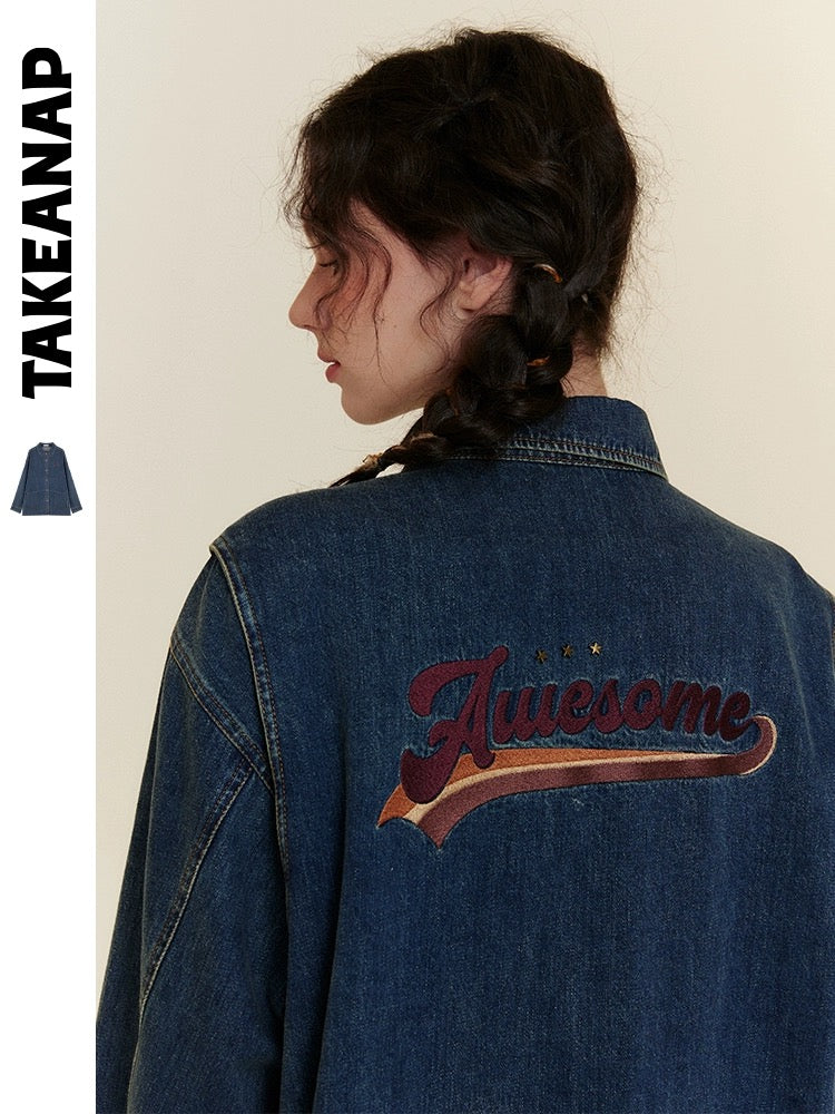 TAKEANAP Nap Retro Loose Denim Jacket Women 2024 New American Embroidered Long Sleeve Shirt Top