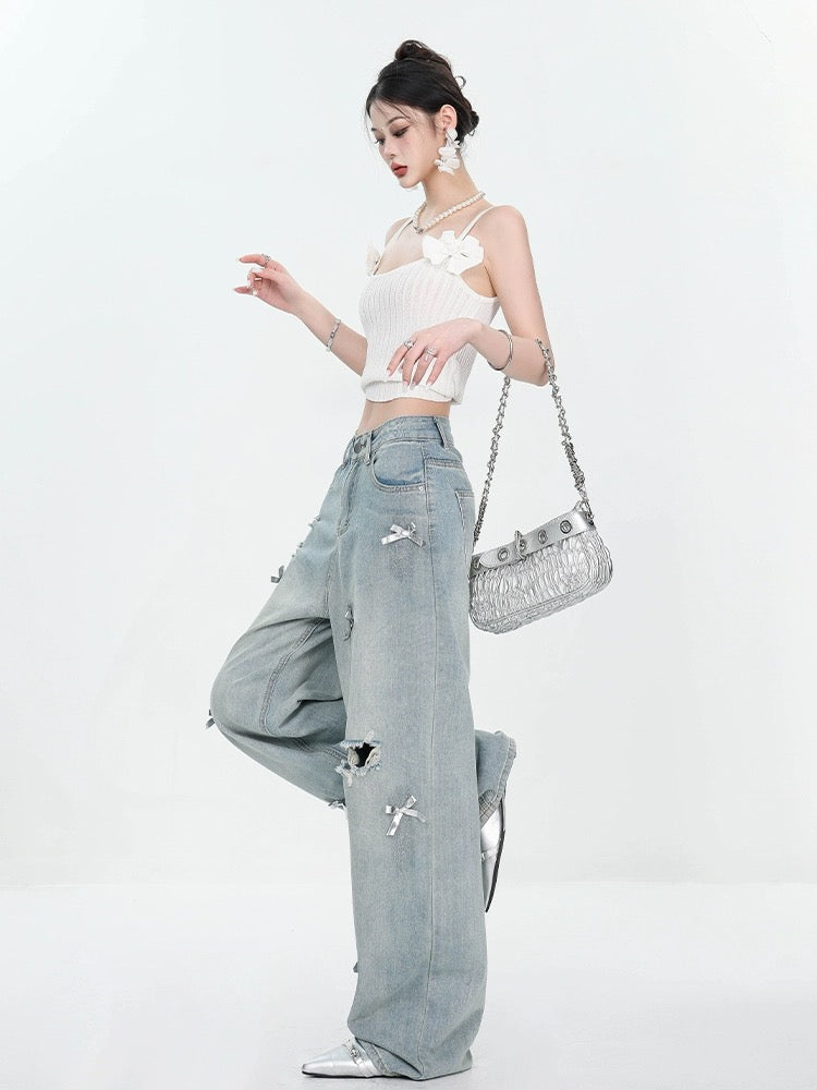 ABWEAR new summer bow design retro color ripped straight jeans for women, thin, slimming and wide legs