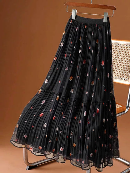 Mesh floral skirt for women 2025 spring and summer new elastic high waist slim medium and long pleated skirt with big swing