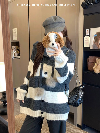Kumikumi lazy style temperament striped hooded sweater jacket women's autumn loose slim niche all-match top