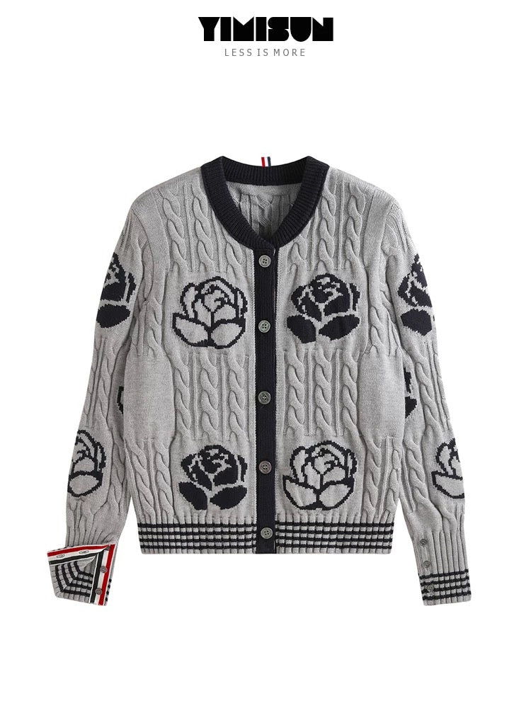YIMISUN design heavy rose intarsia twisted round neck knitted cardigan women's age-reducing slim fit jacket