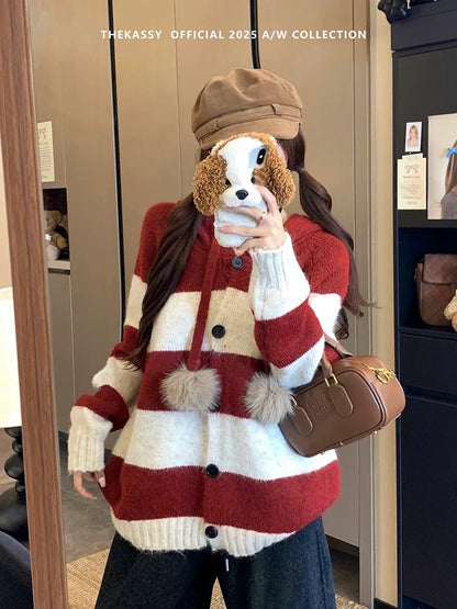 Kumikumi lazy style temperament striped hooded sweater jacket women's autumn loose slim niche all-match top