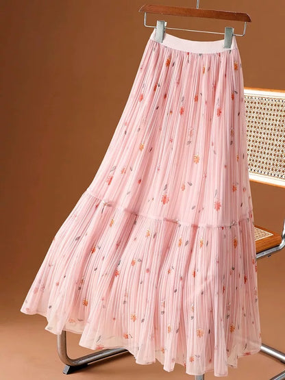 Mesh floral skirt for women 2025 spring and summer new elastic high waist slim medium and long pleated skirt with big swing