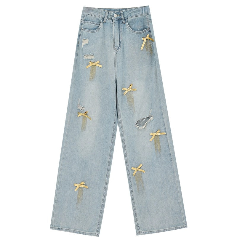 ABWEAR new summer bow design retro color ripped straight jeans for women, thin, slimming and wide legs
