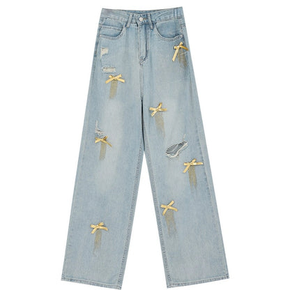 ABWEAR new summer bow design retro color ripped straight jeans for women, thin, slimming and wide legs