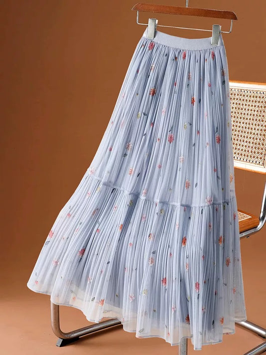 Mesh floral skirt for women 2025 spring and summer new elastic high waist slim medium and long pleated skirt with big swing