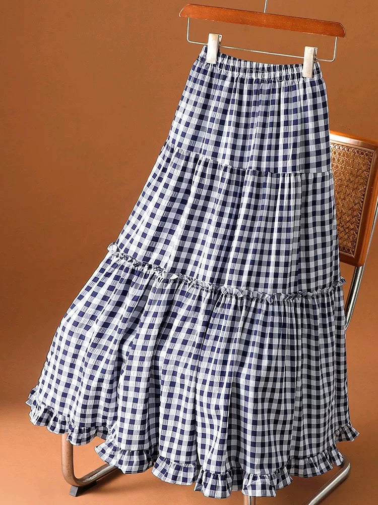 Wood ear edge plaid patchwork cake skirt chiffon skirt female summer 2025 new elastic waist a-line long skirt umbrella skirt
