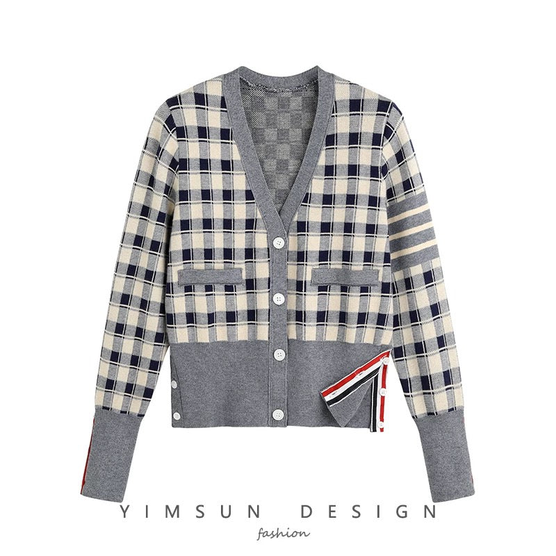 Early autumn British style 20 new V-neck tops for women plaid color matching knitted cardigan outerwear tops jacket