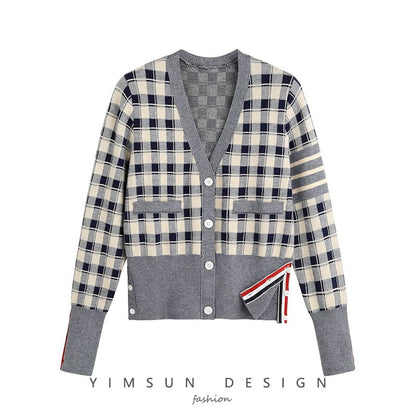 Early autumn British style 20 new V-neck tops for women plaid color matching knitted cardigan outerwear tops jacket
