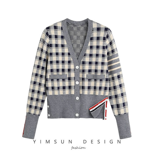 Early autumn British style 20 new V-neck tops for women plaid color matching knitted cardigan outerwear tops jacket