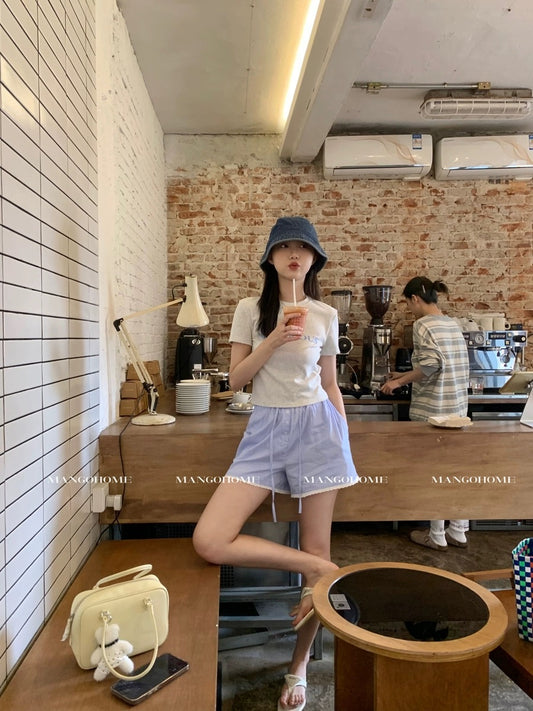 Summer Refreshing Striped Casual Shorts Thin Women's High Waist Loose Slim Lace Spliced Wide Leg Pants Comfortable Pajama Pants