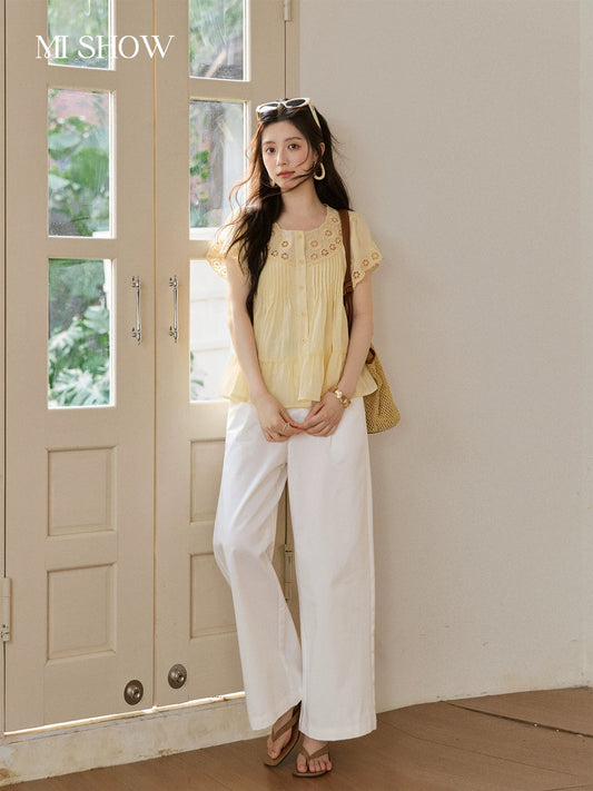 Mixiu Yellow Embroidered Jacquard Short-Sleeve Tencel Shirt Women's 2026 Summer New Pleated Niche Design Top