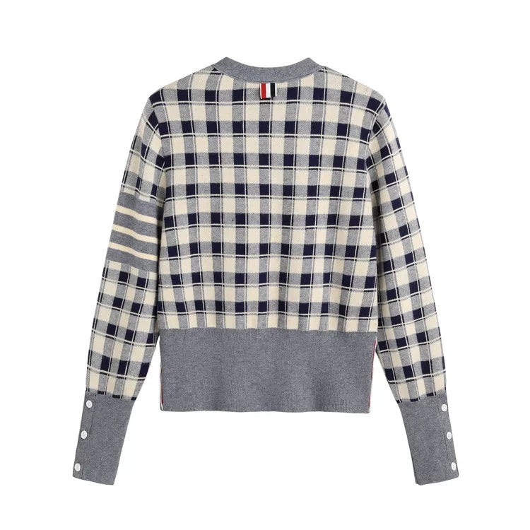Early autumn British style 20 new V-neck tops for women plaid color matching knitted cardigan outerwear tops jacket