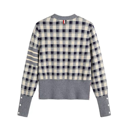 Early autumn British style 20 new V-neck tops for women plaid color matching knitted cardigan outerwear tops jacket