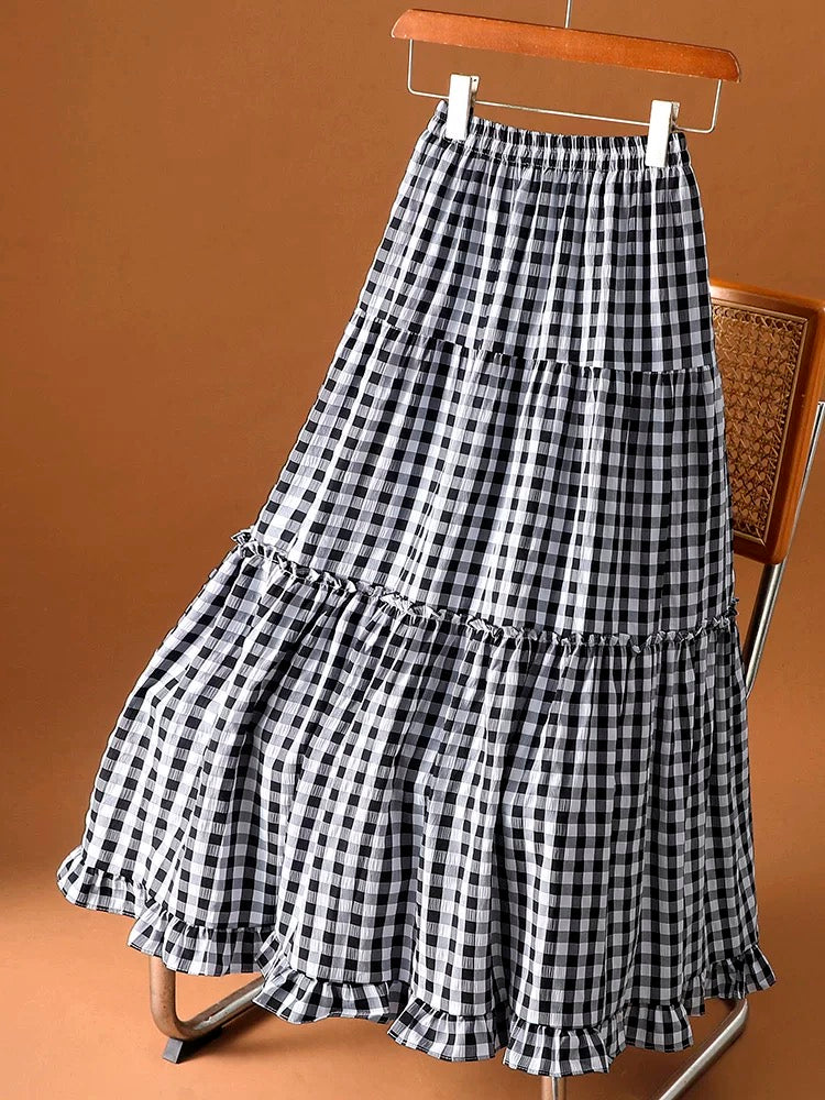 Wood ear edge plaid patchwork cake skirt chiffon skirt female summer 2025 new elastic waist a-line long skirt umbrella skirt
