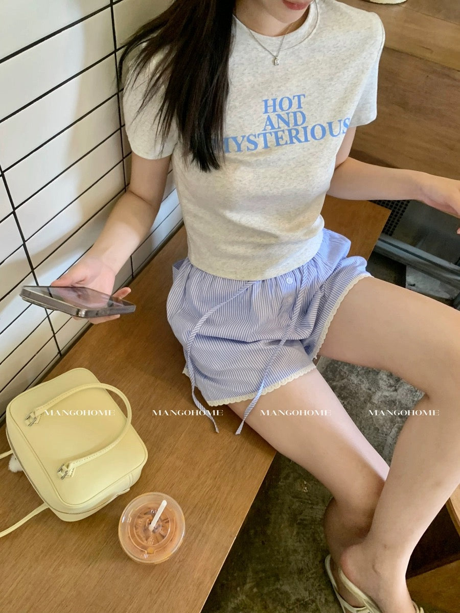 Summer Refreshing Striped Casual Shorts Thin Women's High Waist Loose Slim Lace Spliced Wide Leg Pants Comfortable Pajama Pants