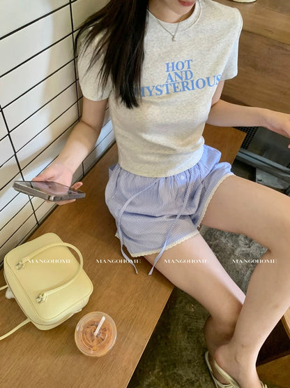 Summer Refreshing Striped Casual Shorts Thin Women's High Waist Loose Slim Lace Spliced Wide Leg Pants Comfortable Pajama Pants