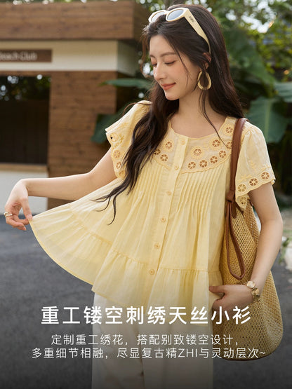 Mixiu Yellow Embroidered Jacquard Short-Sleeve Tencel Shirt Women's 2026 Summer New Pleated Niche Design Top